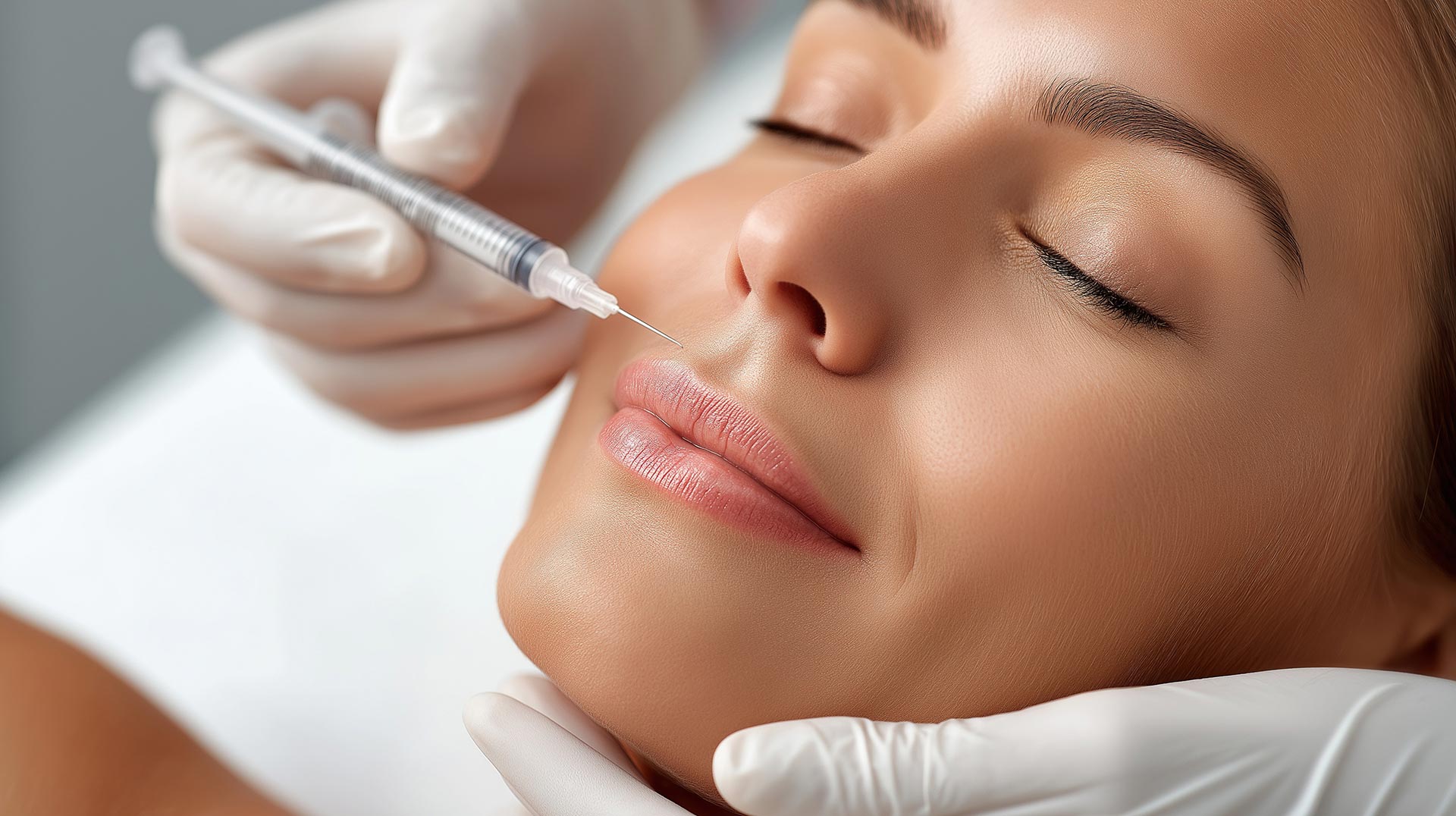 Woman receiving facial treatment with syringe, sitting on chair, wearing white gloves.
