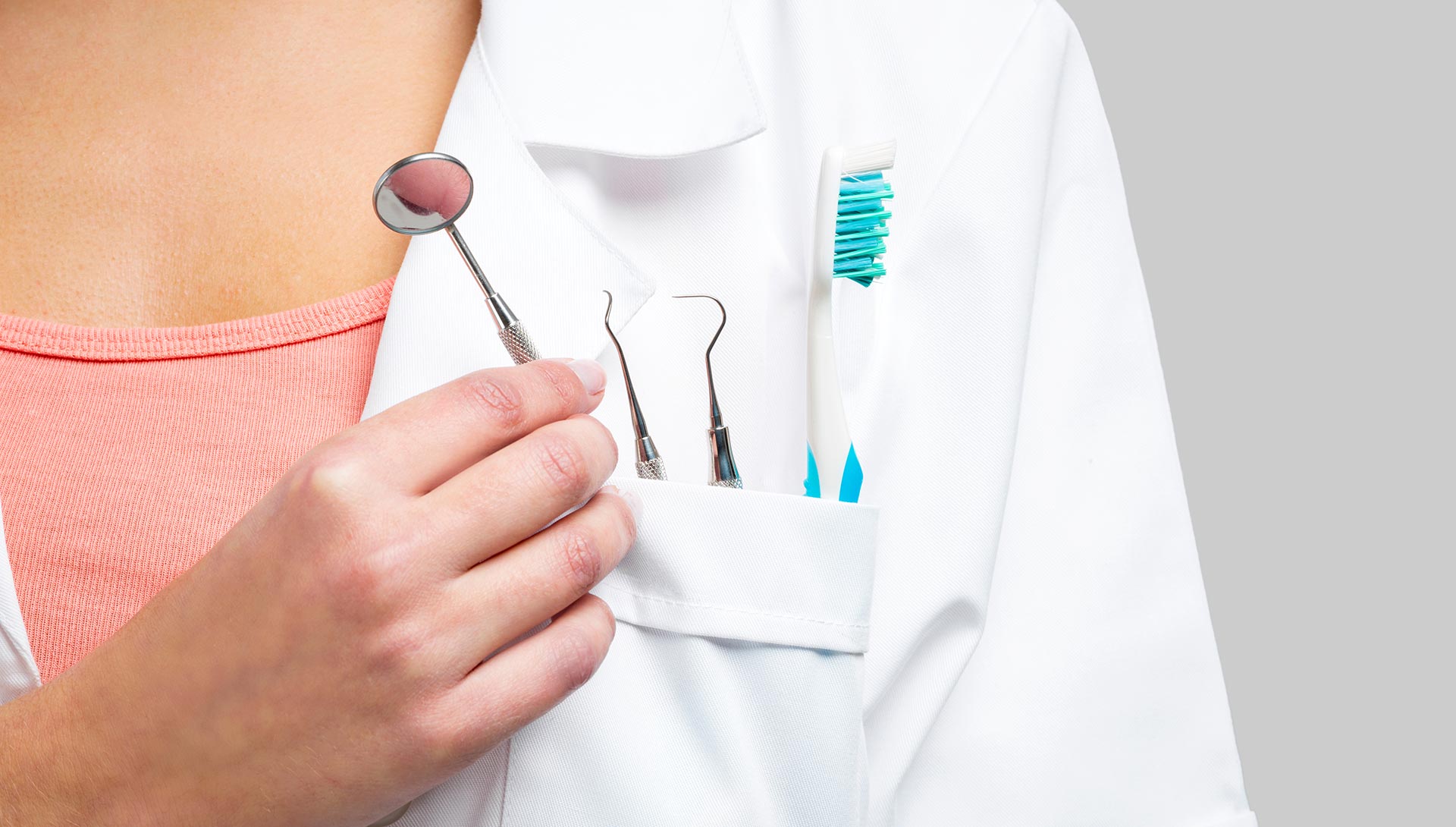 The image shows a person holding a stethoscope with medical tools around their neck, wearing a white coat with a name tag, standing against a background that resembles a hospital setting, with another similar figure mirrored on the right side of the frame.