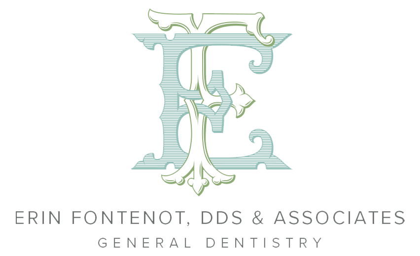 The image displays a logo with stylized lettering, featuring a large capital 'E' in white on a teal background, accompanied by smaller text underneath that reads 'KERIN FONTENOT, DDS & ASSOCIATES GENERAL DENTISTRY.