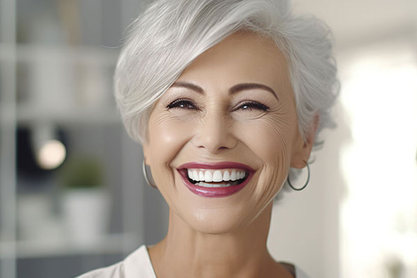The image shows a woman with short gray hair, wearing makeup, smiling broadly at the camera while looking directly at it. She has a fair complexion and appears to be indoors, possibly in a home setting.